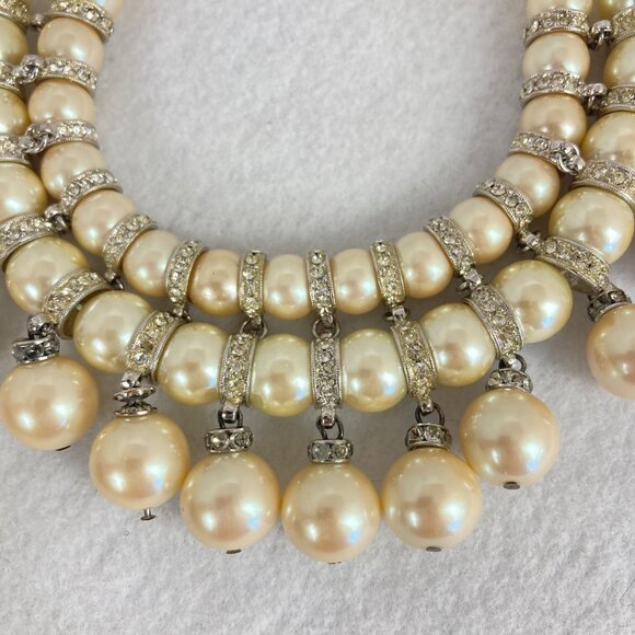 Vintage Carolee Faux Pearl Rhinestone Collar Bib Necklace Chunky Double Strand - Picture 7 of 11